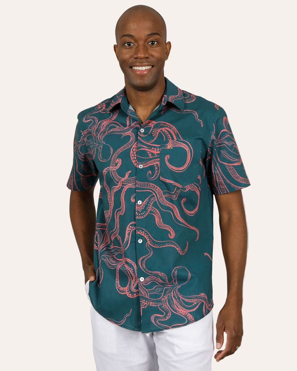 Mens Holiday Shirt Octopus Pink Front - Woodstock Laundry