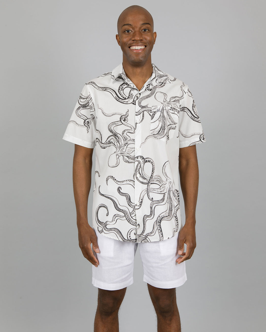 Mens Holiday Shirt - Octopus on White Front - Woodstock Laundry