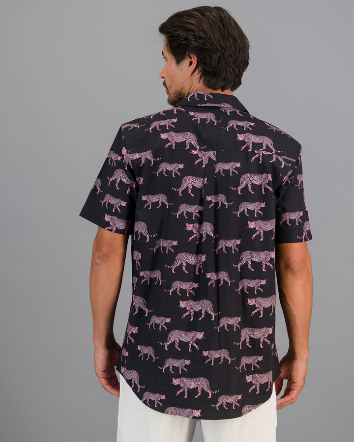 Mens Holiday Shirt - Cheetahs on Charcoal Back - Woodstock Laundry