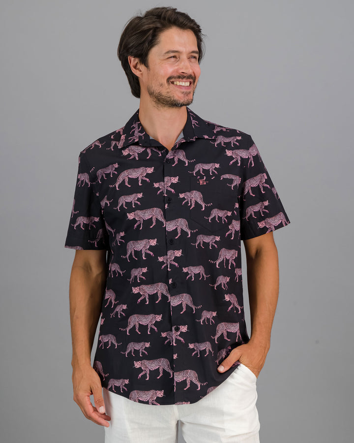 Mens Holiday Shirt - Cheetahs on Charcoal Front - Woodstock Laundry