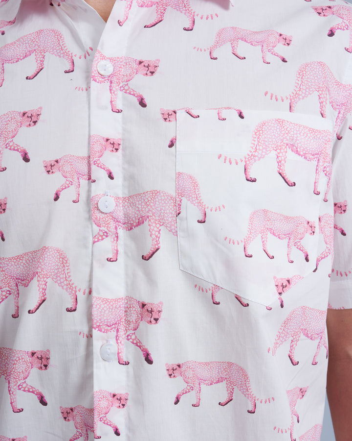 Mens Holiday Shirt Pink Cheetahs Close - Woodstock Laundry