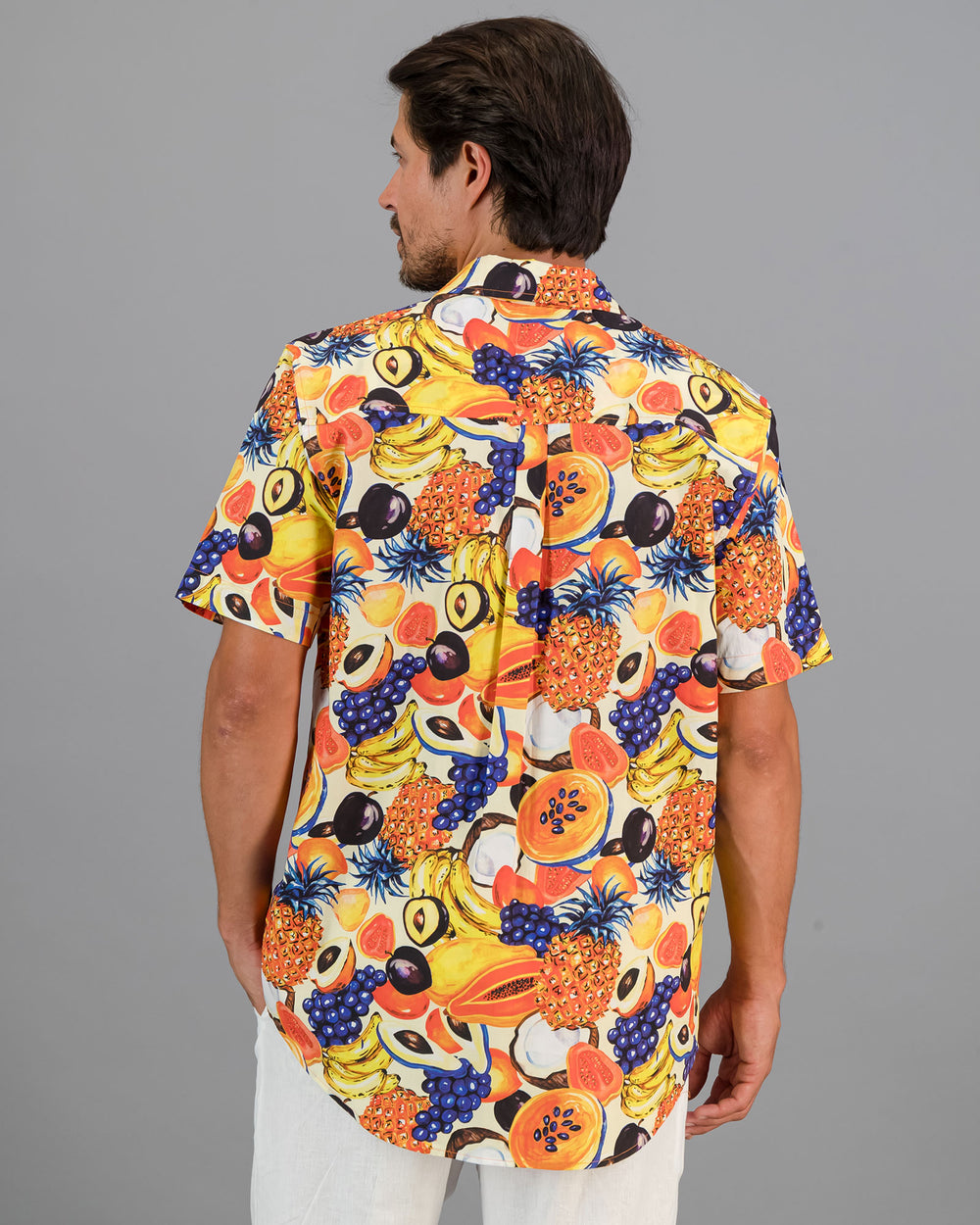 Mens Short Sleeve Holiday Shirt Tuti Fruti Back - Woodstock Laundry