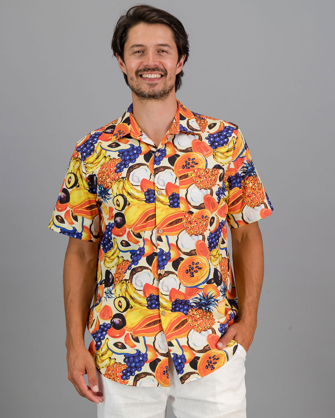 Mens Short Sleeve Holiday Shirt Tuti Fruti Front - Woodstock Laundry