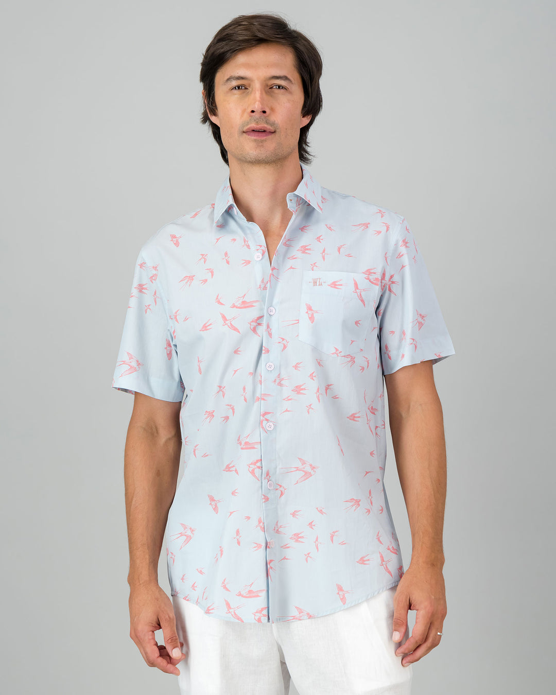 Mens Holiday Shirt - Pink Swallows Front - Woodstock Laundry