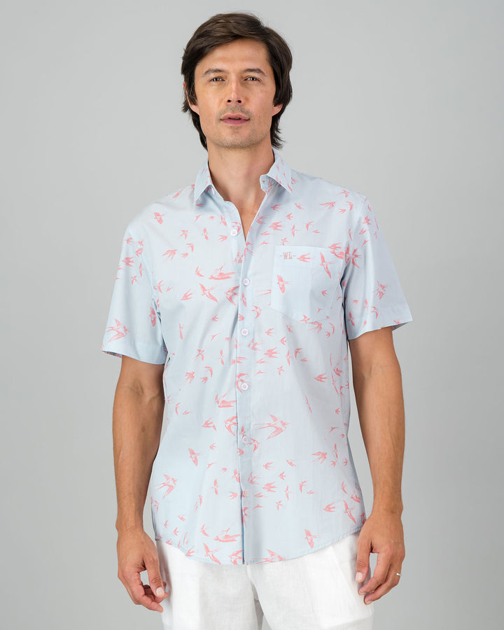Mens Holiday Shirt - Pink Swallows Front - Woodstock Laundry