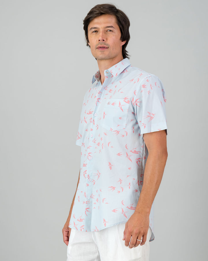 Mens Holiday Shirt - Pink Swallows Side - Woodstock Laundry