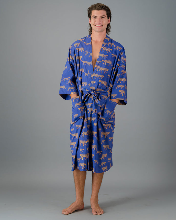 Adults Kimono - Cheetahs on Blue Front - Woodstock Laundry
