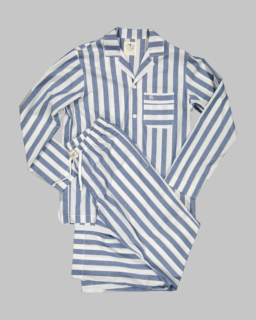 Mens Long Pyjamas - Beach Stripe on White Flatpack - Woodstock Laundry