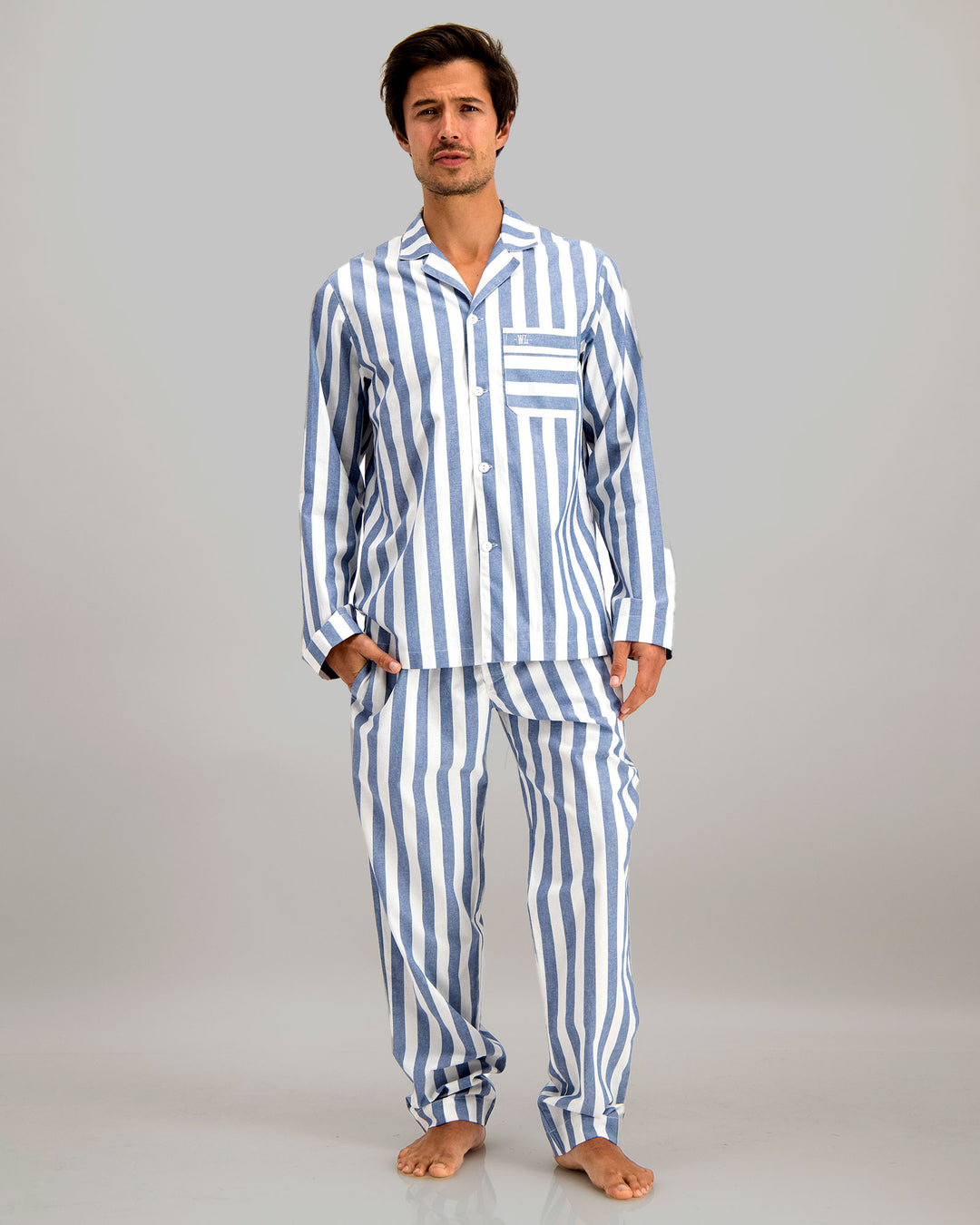 Mens Long Pyjamas - Beach Stripe on White Front - Woodstock Laundry