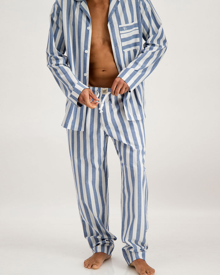 Mens Long Pyjamas - Beach Stripe on White Front - Woodstock Laundry
