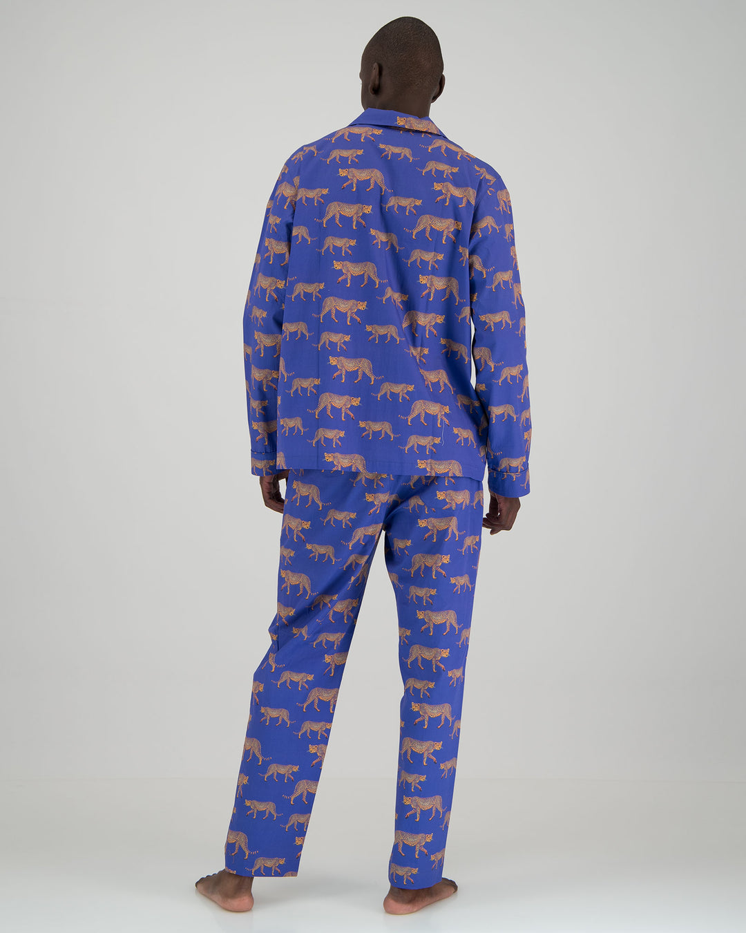 Mens Long Pyjamas - Cheetahs on Blue Back - Woodstock Laundry