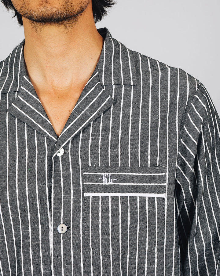 Mens Long Pyjamas Chambray Black Stripe Close - Woodstock Laundry