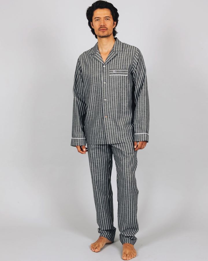 Mens Long Pyjamas Chambray Black Stripe Front - Woodstock Laundry
