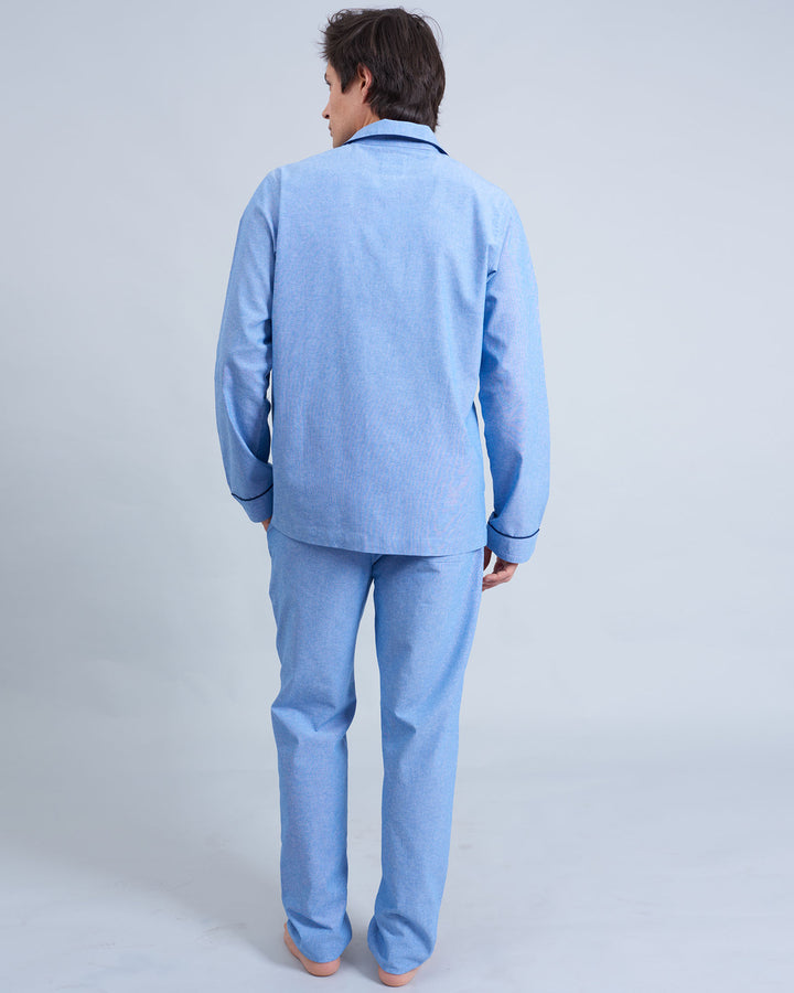 Mens Long Pyjamas Chambray Blue Sky Back - Woodstock Laundry