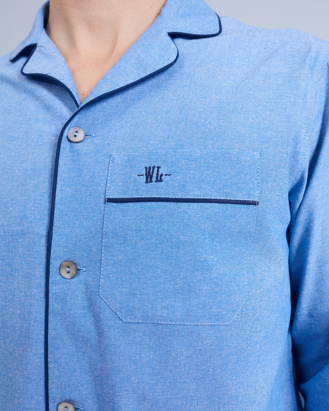 Mens Long Pyjamas Chambray Blue Sky Close - Woodstock Laundry