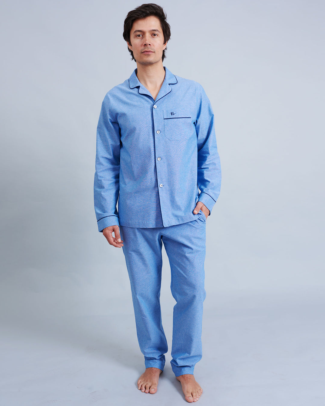 Mens Long Pyjamas Chambray Blue Sky Front - Woodstock Laundry