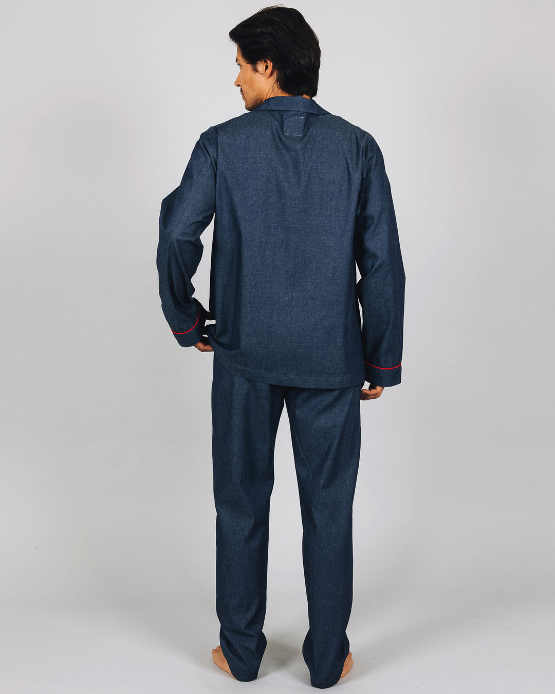 Mens Long Pyjamas Denim Dark Blue Back - Woodstock Laundry