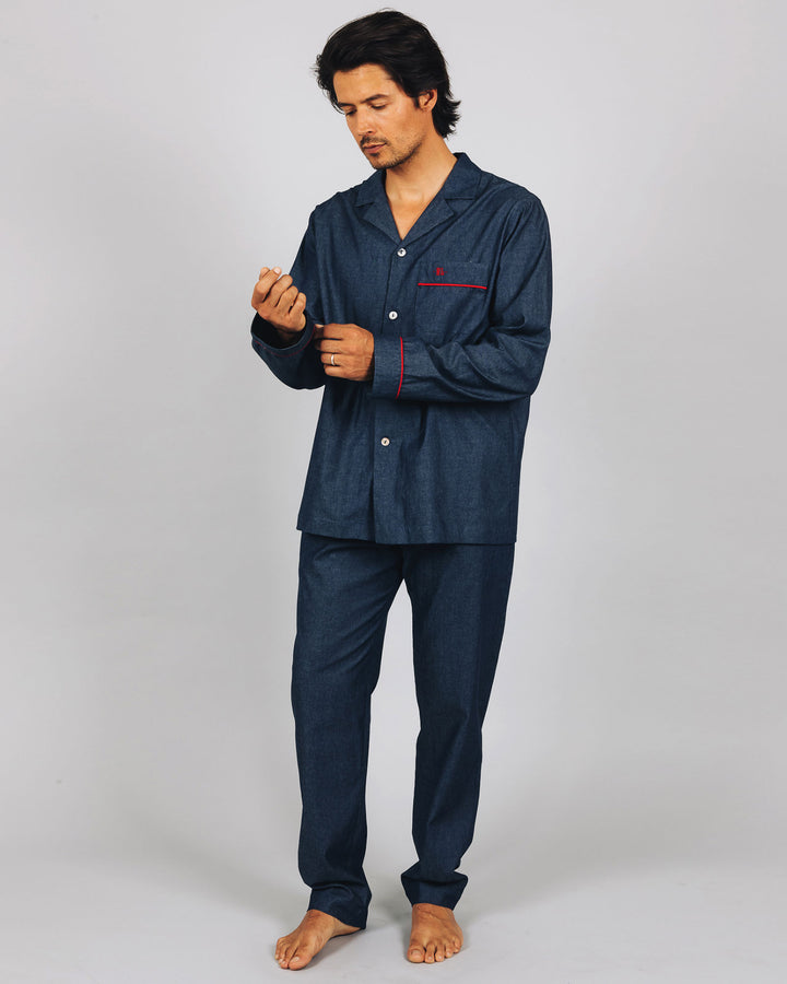 Mens Long Pyjamas Denim Dark Blue Front - Woodstock Laundry