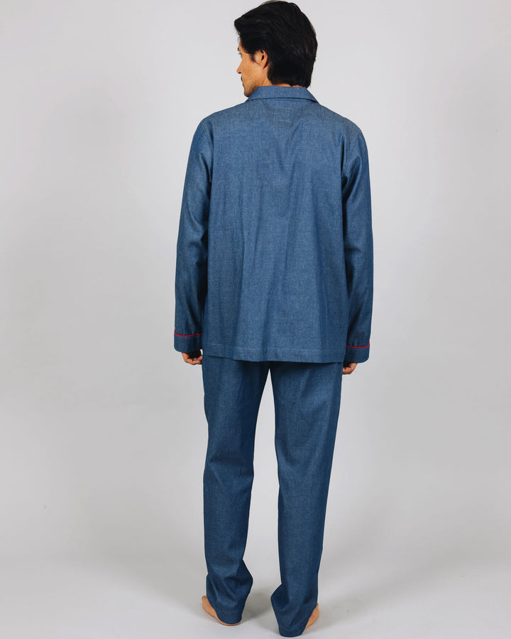Mens Long Pyjamas Denim Medium Blue Back - Woodstock Laundry