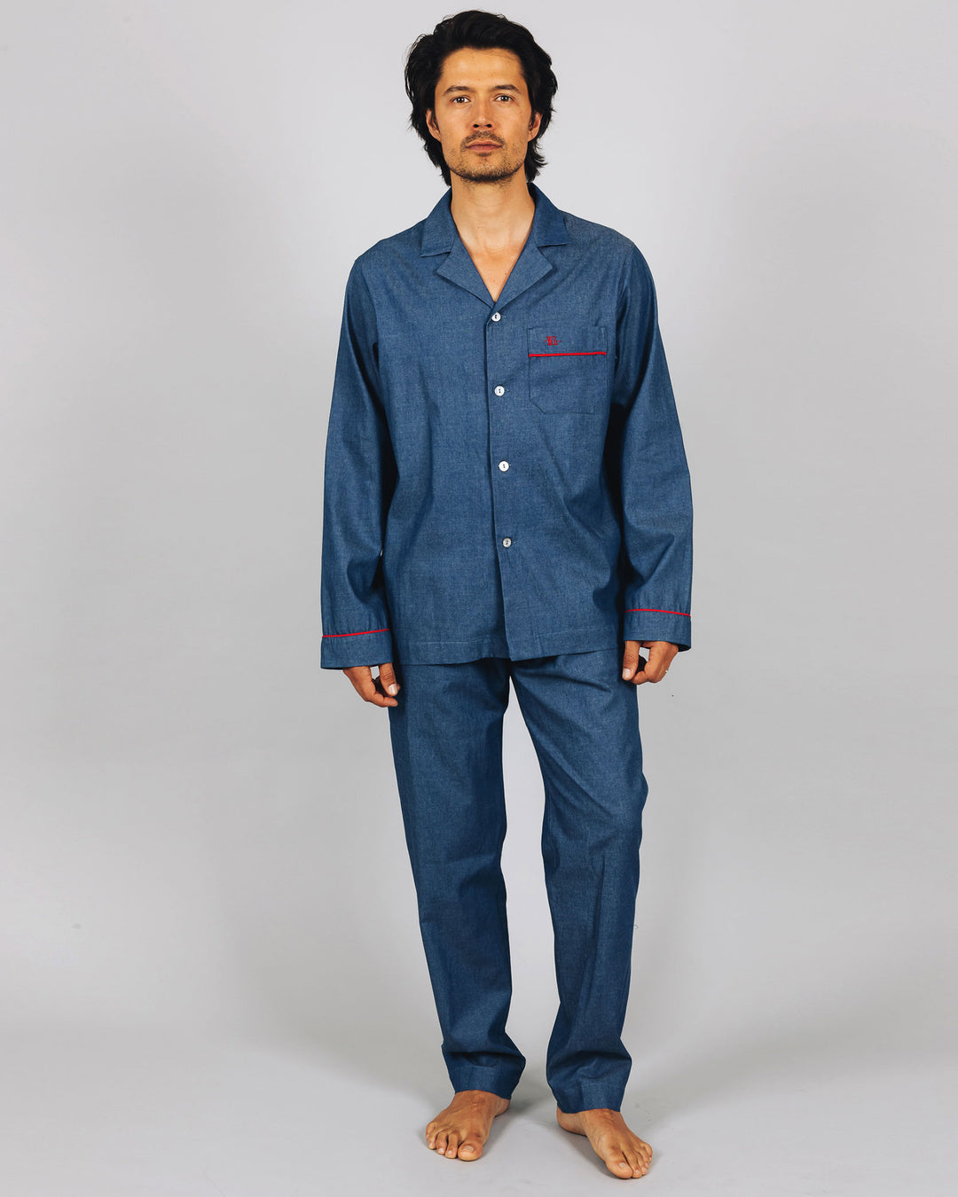Mens Long Pyjamas Denim Medium Blue Front - Woodstock Laundry