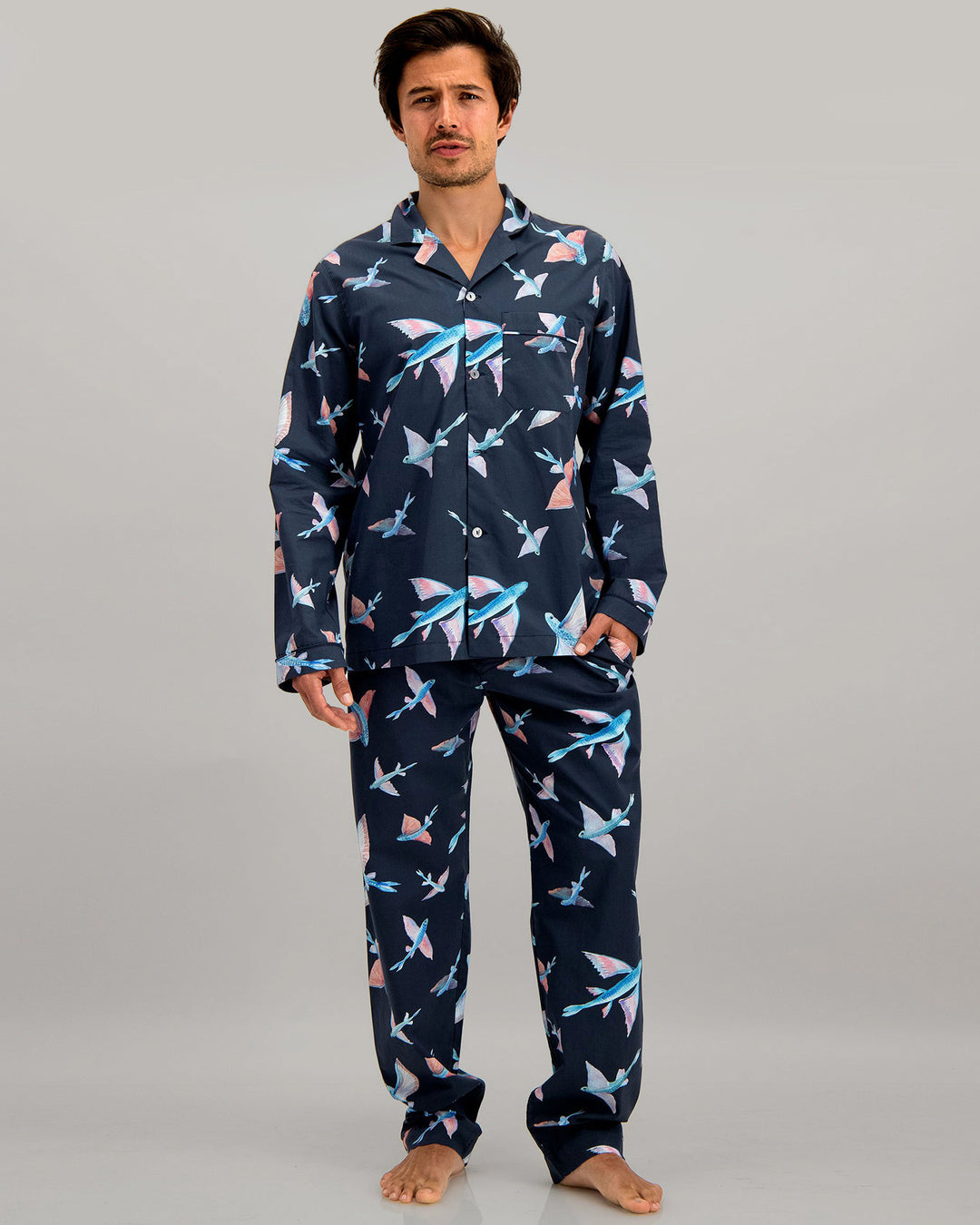 Mens Long Pyjamas - Flying Fish on Navy Front - Woodstock Laundry