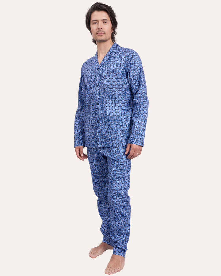 Mens Long Pyjamas - Indigo Floral on Navy