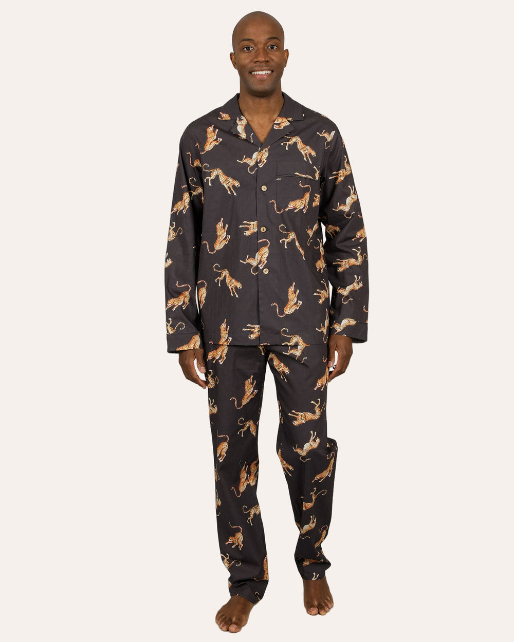 Mens Long Pyjamas Jumping Cheetahs Front - Woodstock Laundry