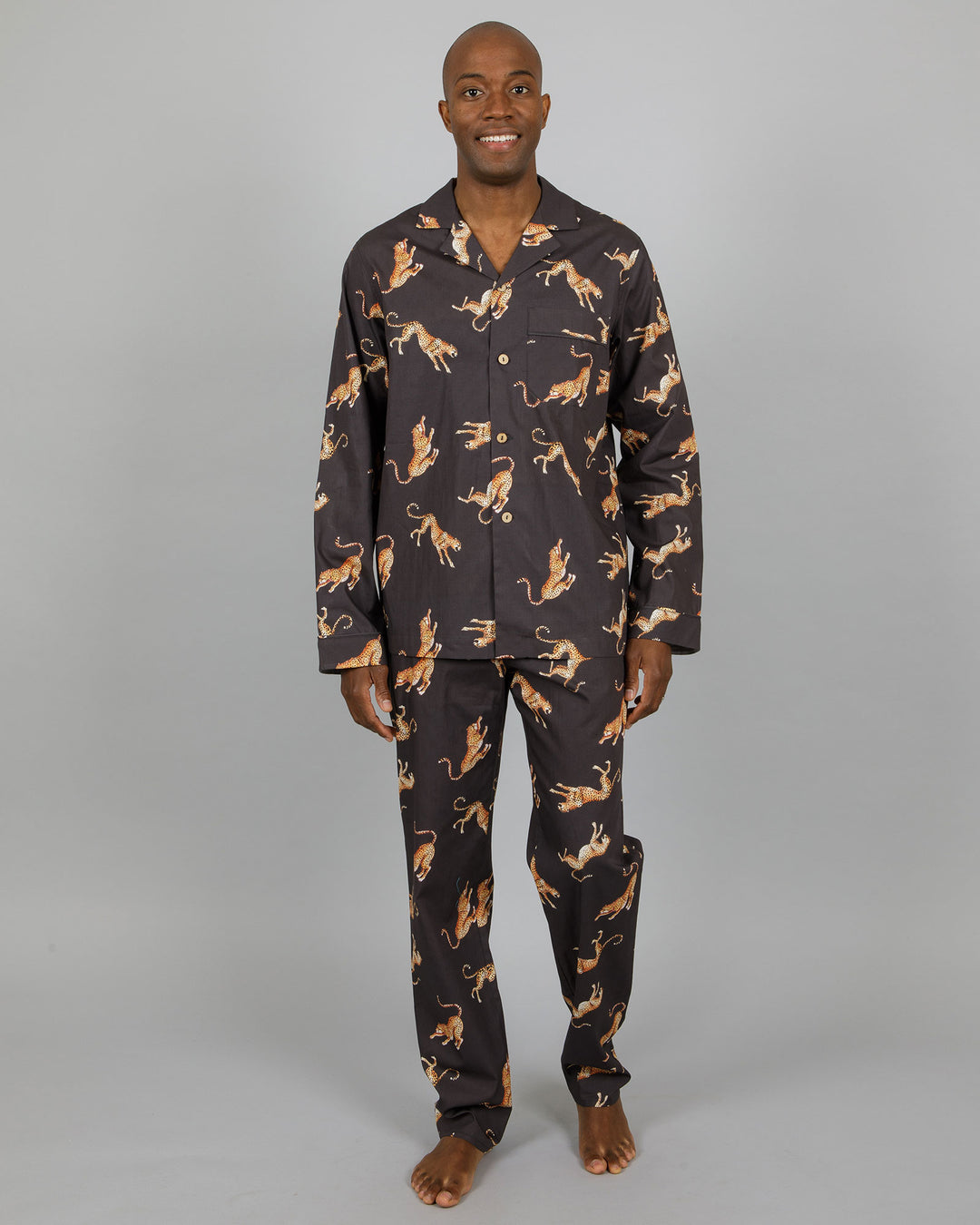 Mens Long Pyjamas Jumping Cheetahs Front - Woodstock Laundry