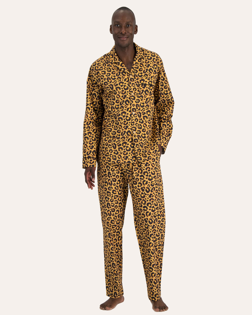 Mens Long Pyjamas - Leopard Skin on Orange Front - Woodstock Laundry