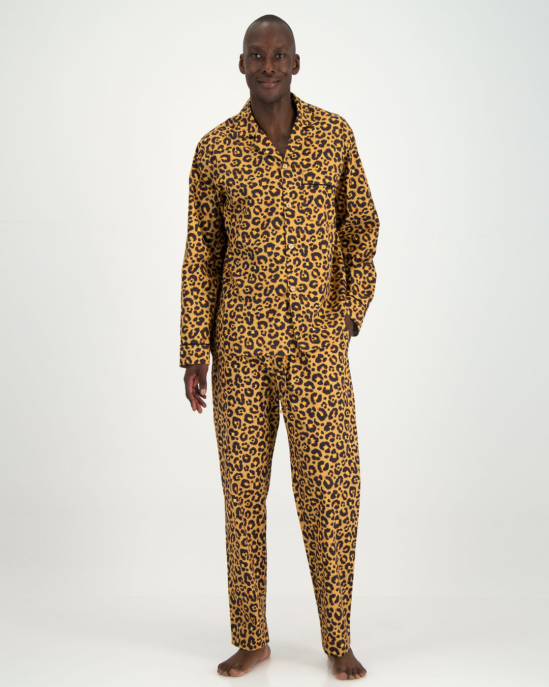 Mens Long Pyjamas - Leopard Skin on Orange Front - Woodstock Laundry