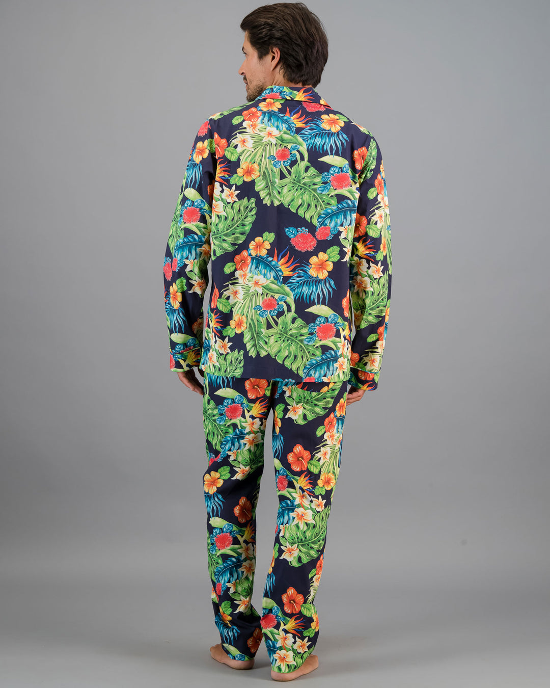 Back view of mens navy floral organic cotton long pyjamas