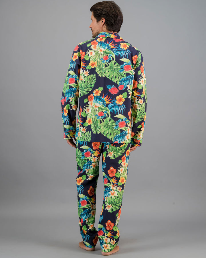 Back view of mens navy floral organic cotton long pyjamas