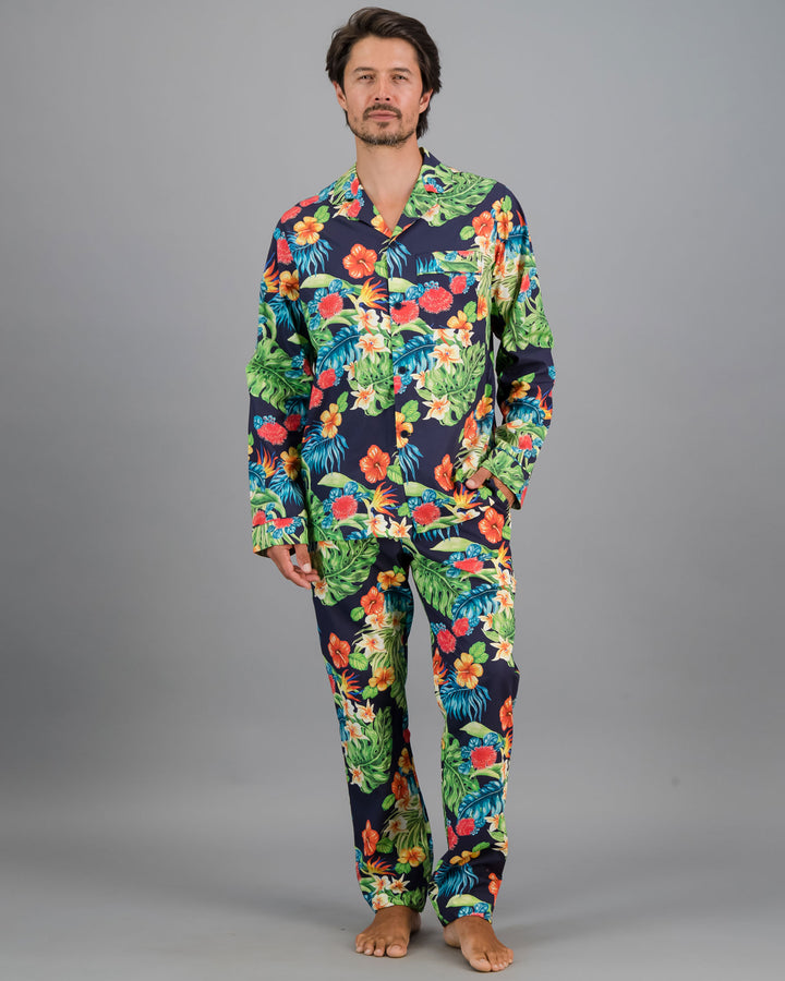 Mens navy floral organic cotton long pyjamas