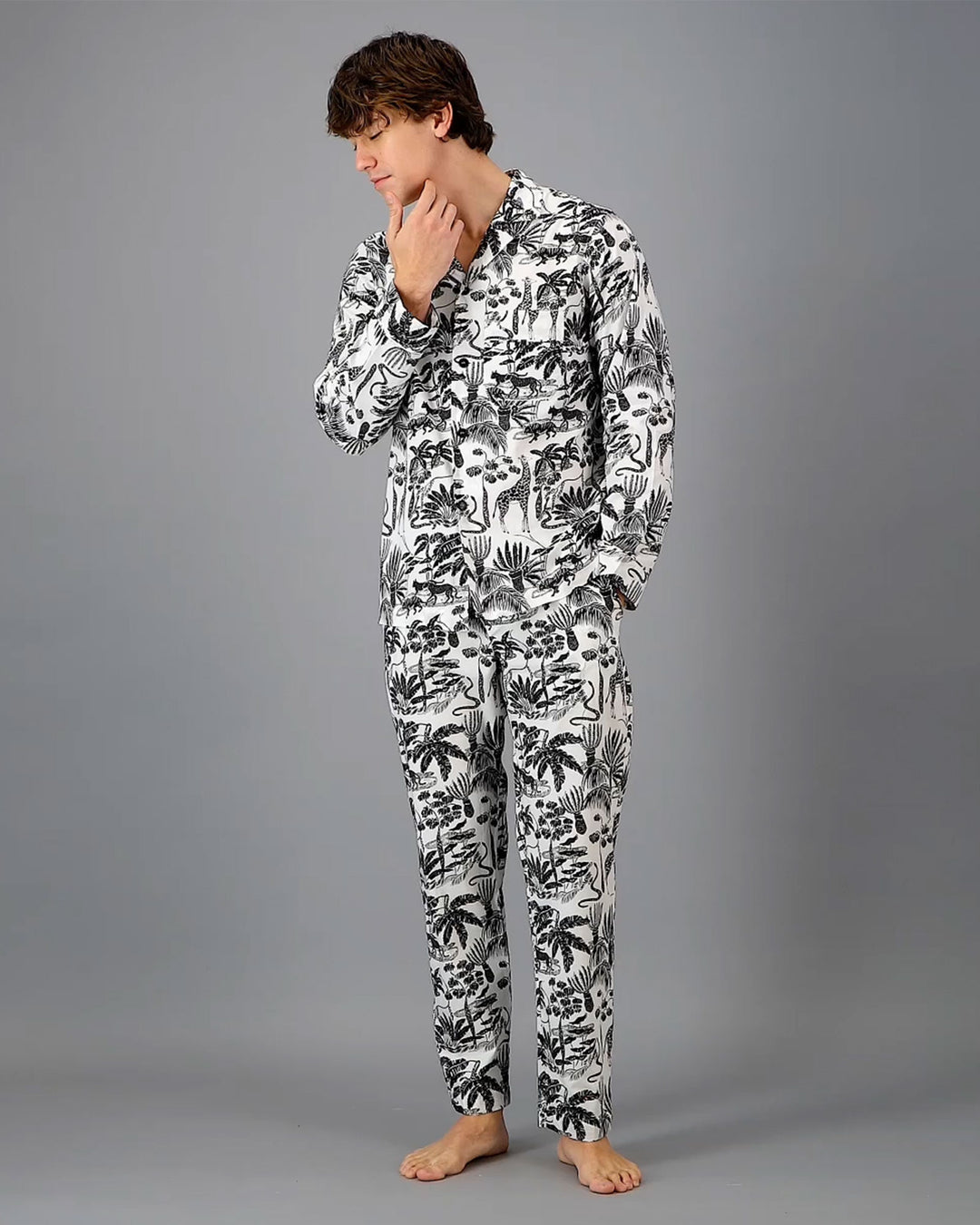 Mens Long Pyjamas - Black Mono Safari on White Front - Woodstock Laundry