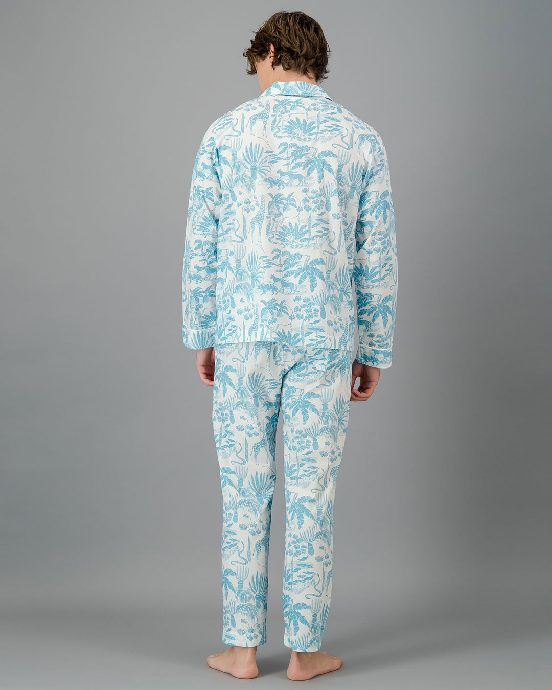 Mens Long Pyjamas - Blue Mono Safari on White Back - Woodstock Laundry
