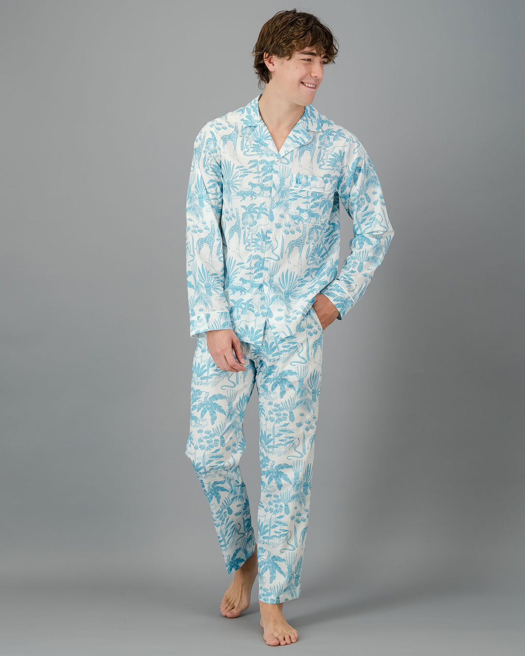 Mens Long Pyjamas - Blue Mono Safari on White Front - Woodstock Laundry