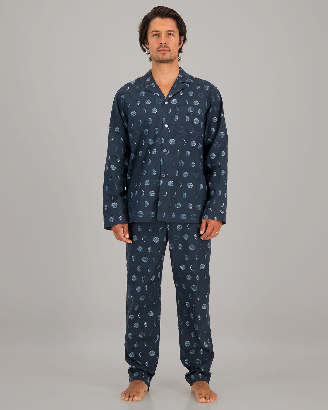 Mens Long Pyjamas - Moons on Navy Front - Woodstock Laundry
