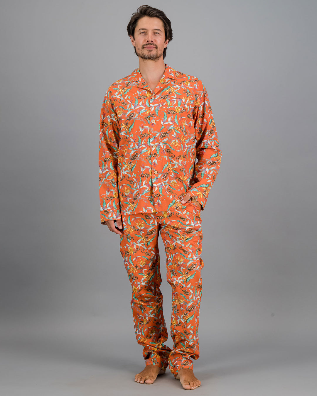 Mens Long Pyjamas - Nag Apies on Orange Front - Woodstock Laundry
