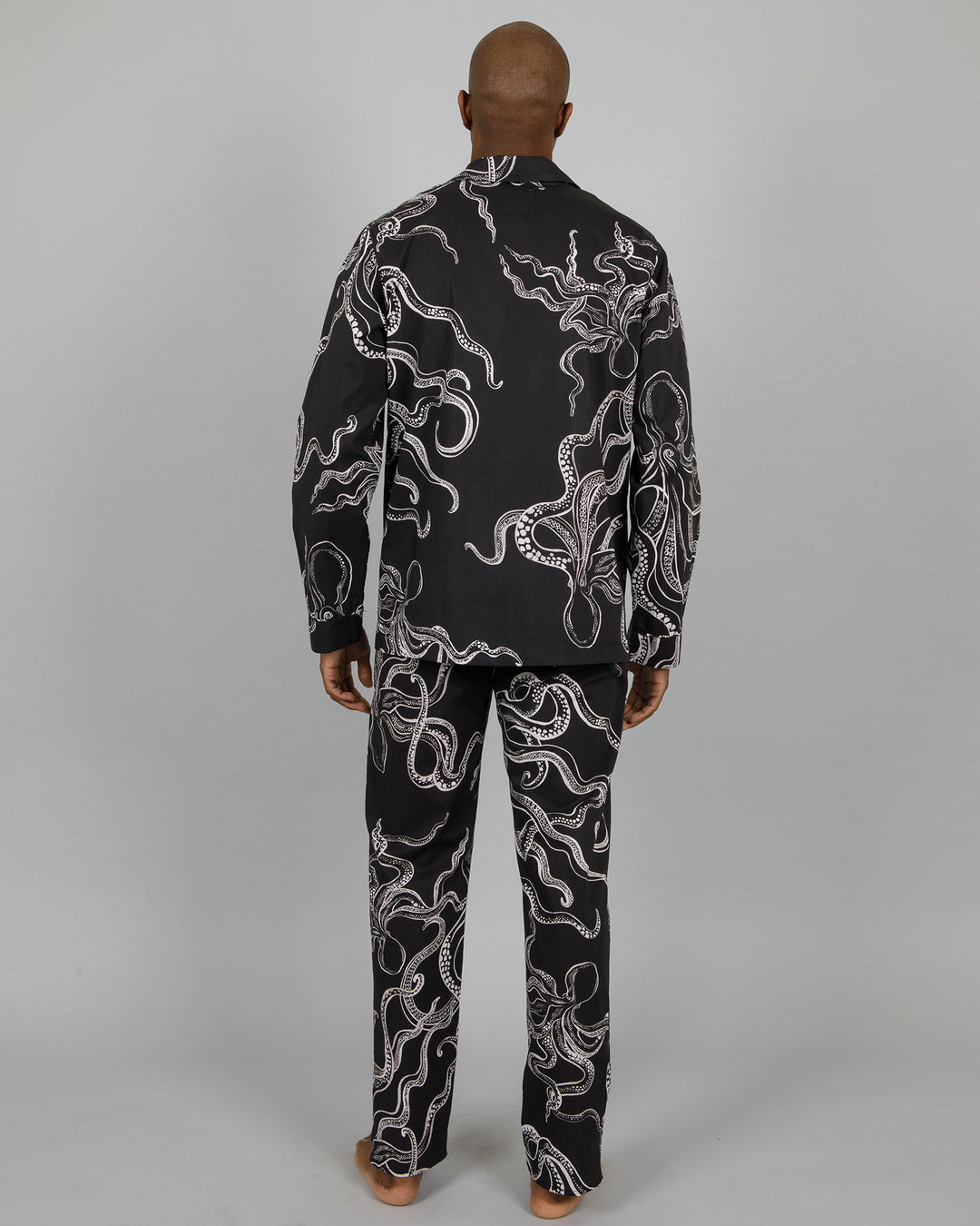 Mens Long Pyjamas - White Octopus on Black Back - Woodstock Laundry