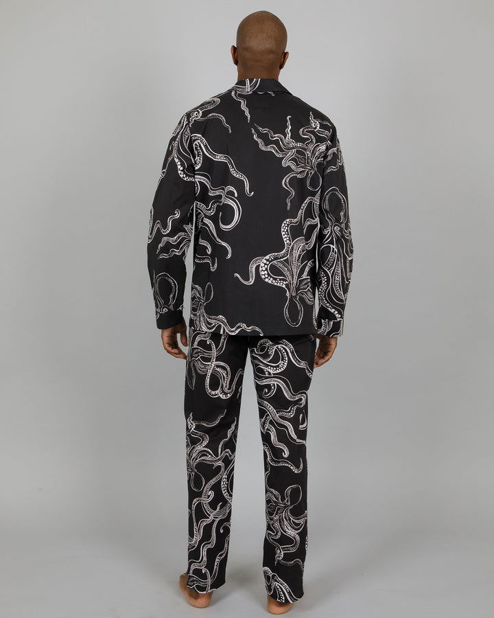 Mens Long Pyjamas - White Octopus on Black Back - Woodstock Laundry