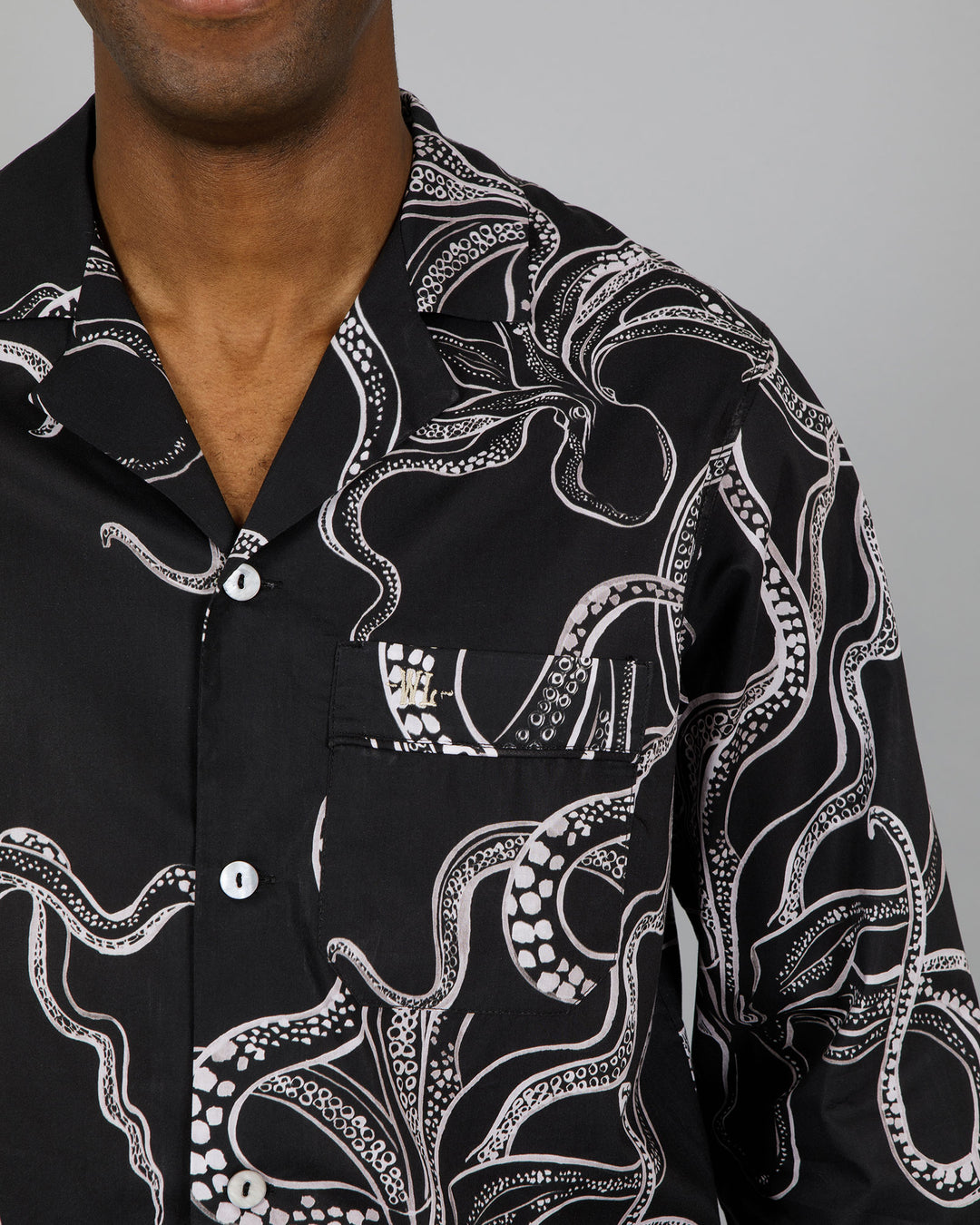 Mens Long Pyjamas - White Octopus on Black Close - Woodstock Laundry