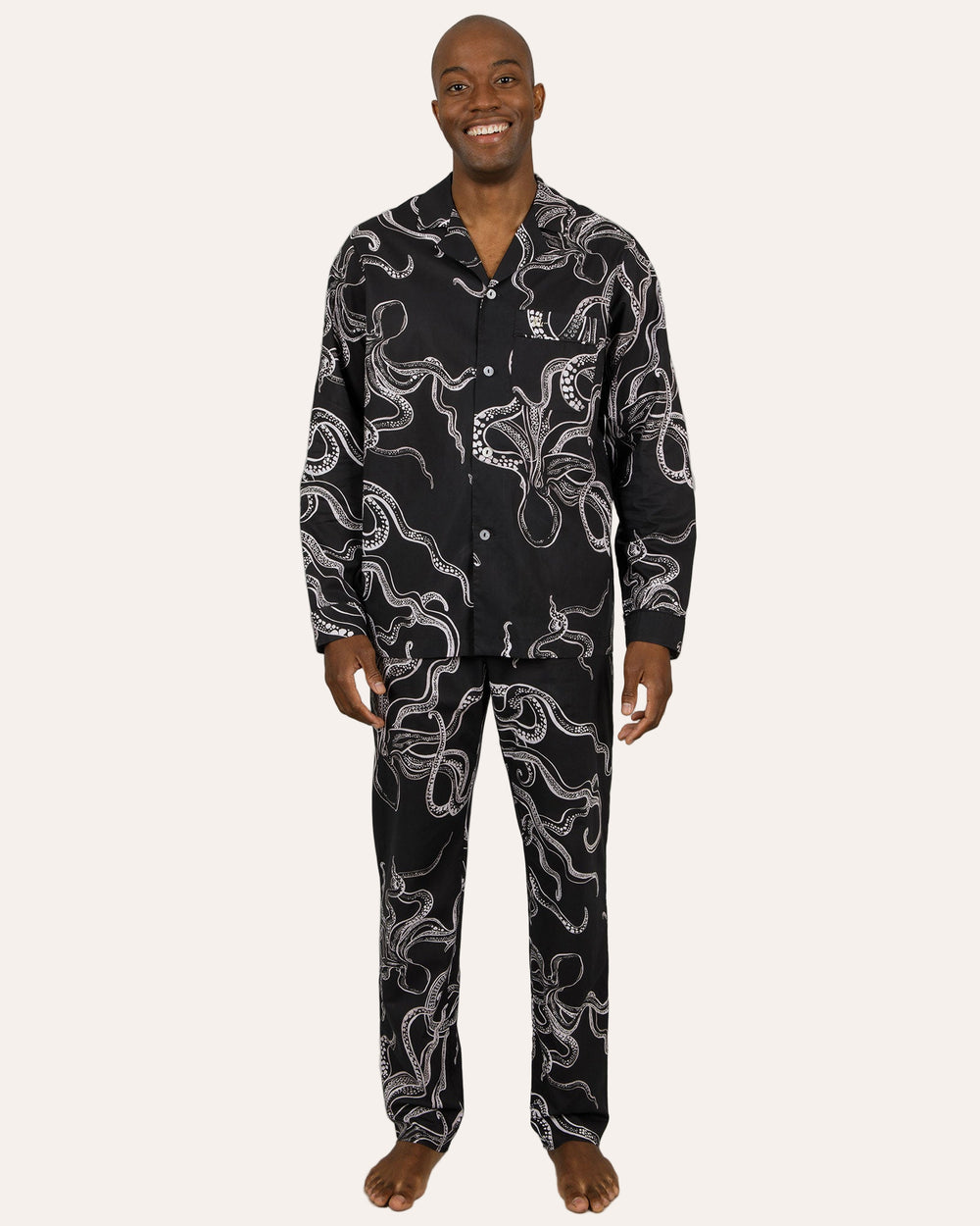 Mens Long Pyjamas - White Octopus on Black Front - Woodstock Laundry