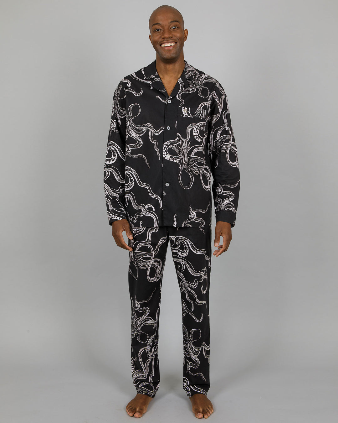 Mens Long Pyjamas - White Octopus on Black Front - Woodstock Laundry