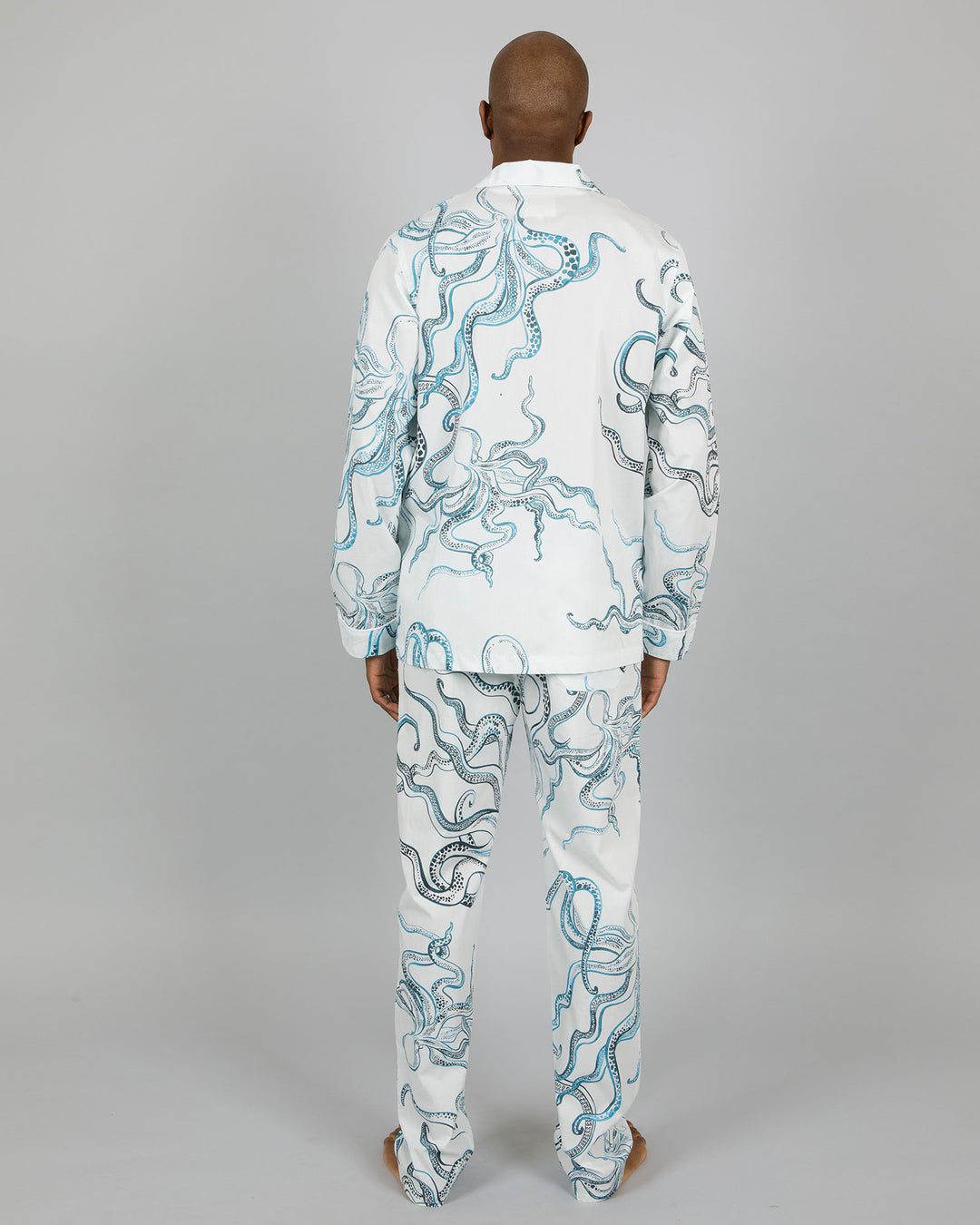 Mens Long Pyjamas - Indigo Octopus on White Back - Woodstock Laundry