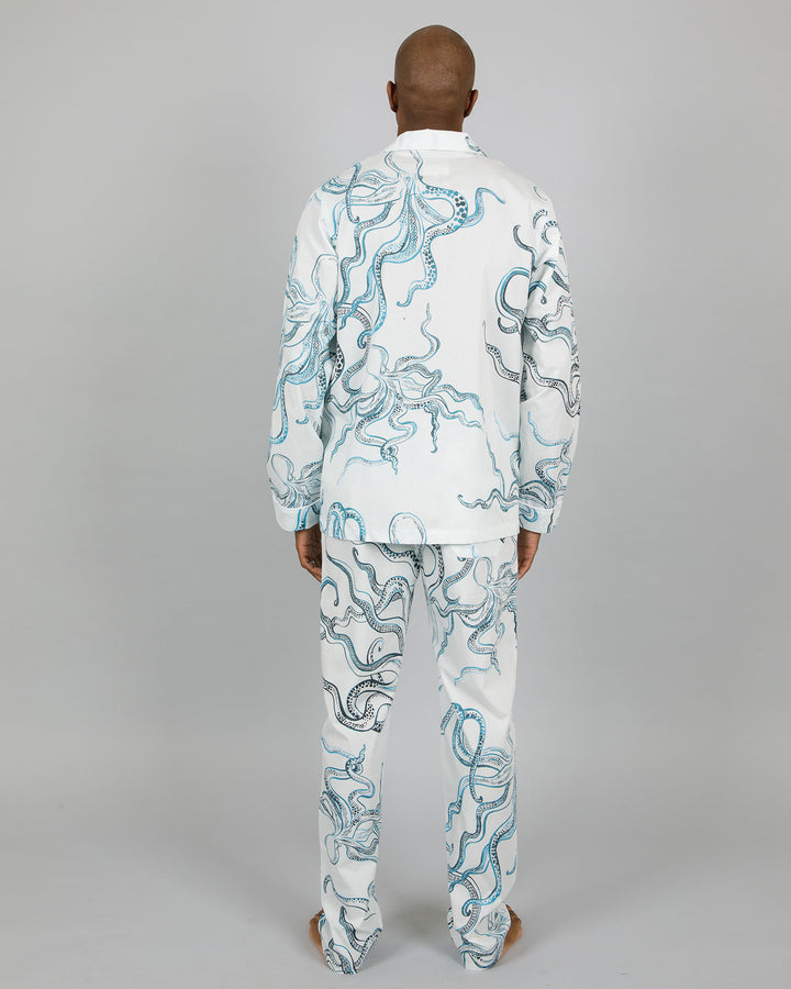 Mens Long Pyjamas - Indigo Octopus on White Back - Woodstock Laundry