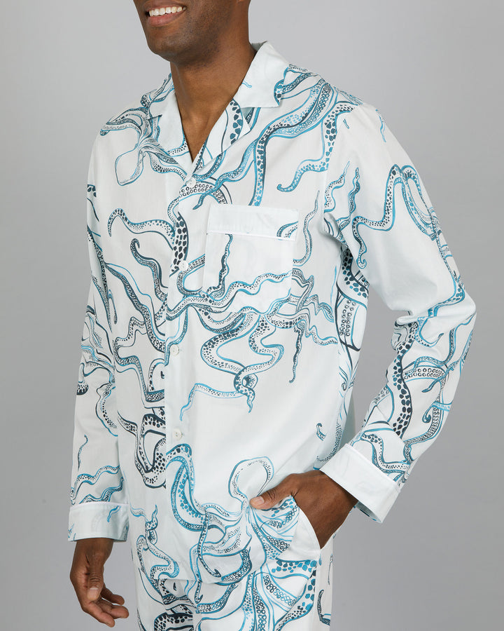Mens Long Pyjamas - Indigo Octopus on White Close - Woodstock Laundry