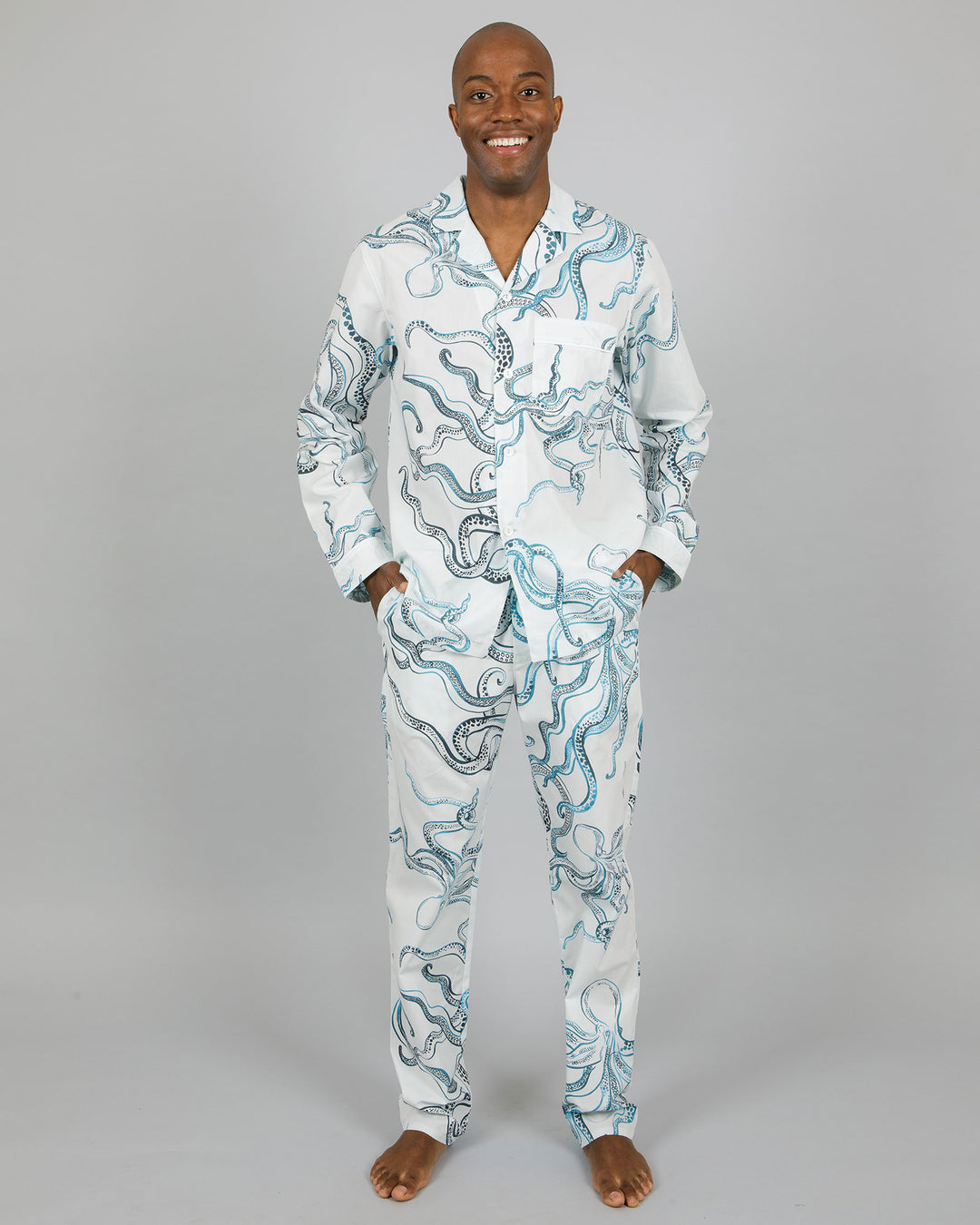 Mens Long Pyjamas - Indigo Octopus on White Front - Woodstock Laundry
