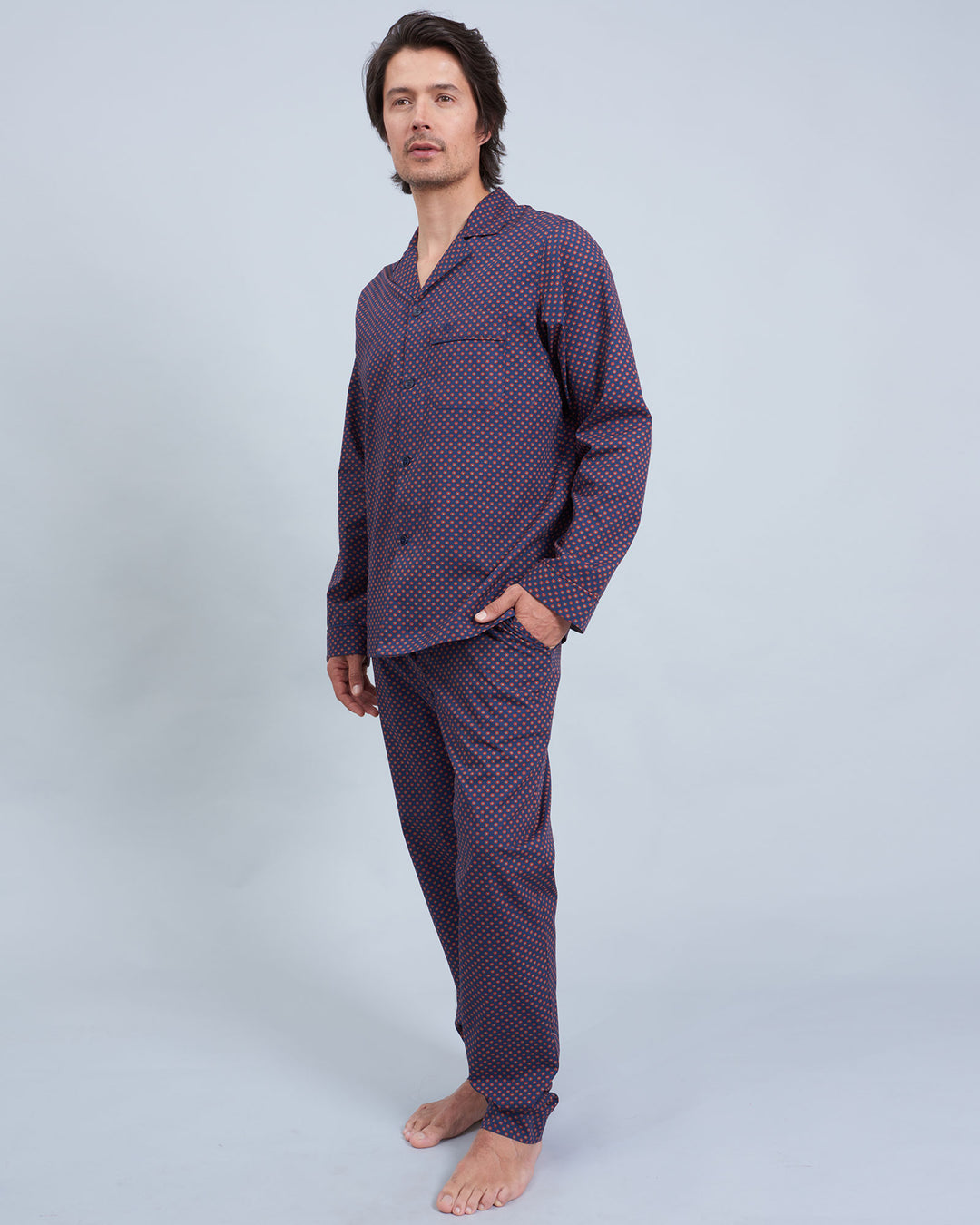 Mens Long Pyjamas - Red Poppy Circles on Navy Front - Woodstock Laundry