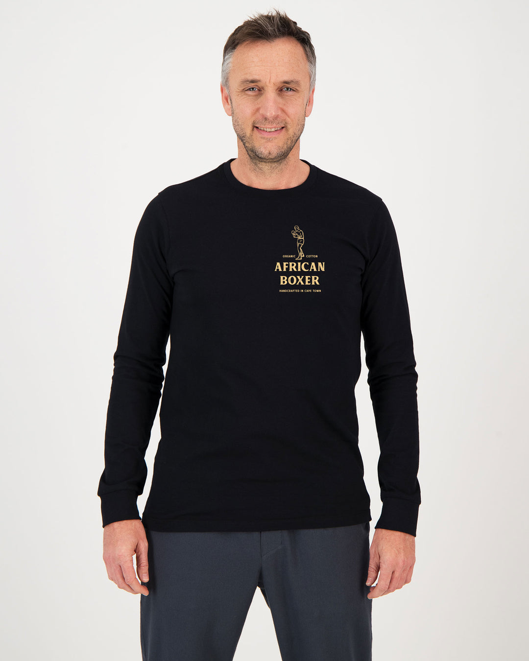 Mens Long Sleeve T-Shirt Black African Boxer Front - Woodstock Laundry