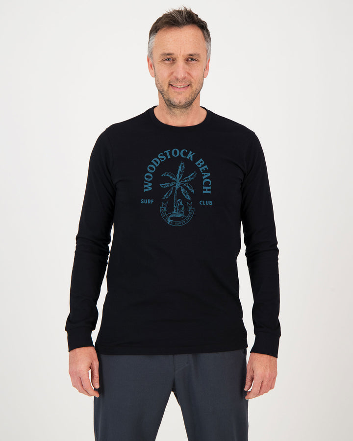 Mens Long Sleeve Black T-Shirt Surf Club Front - Woodstock Laundry